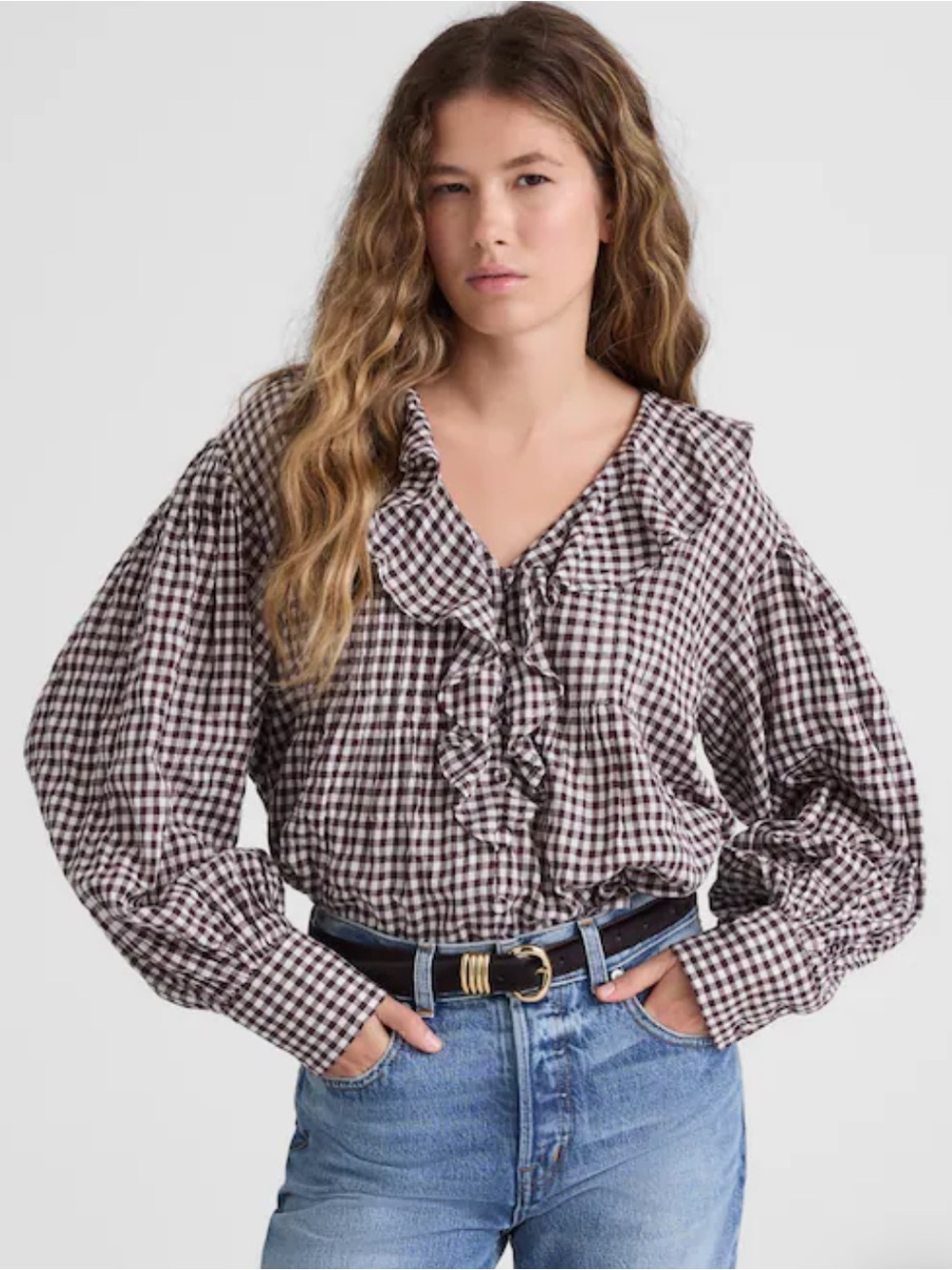 Madewell Brown and White Gingham Ruffle V-Neck Blouse